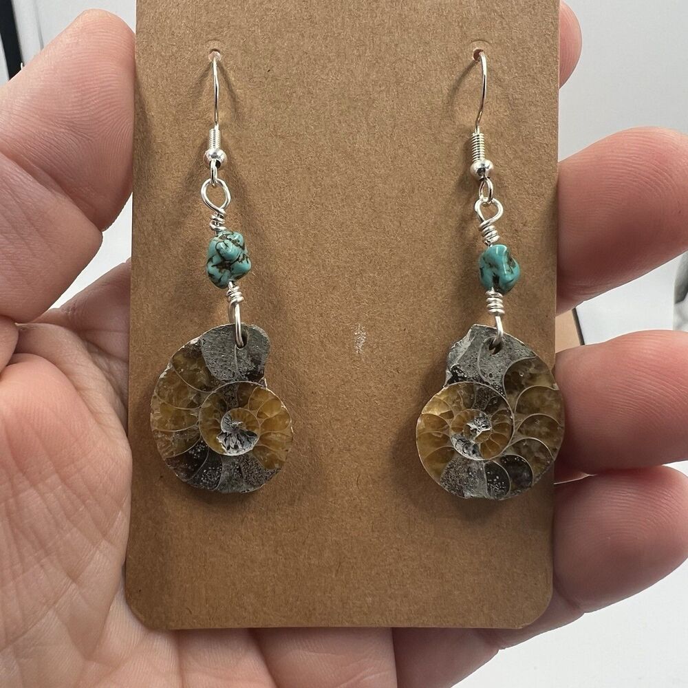 Natural Ammonite Fossil Gesmtone Silver Earrings  Handmade Turquoise & Sterling - Picture 4 of 7
